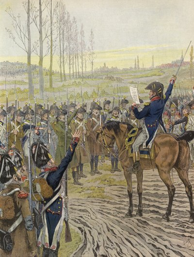 Ordene til Napoleon ble lest opp for noen av troppene hans under kampanjen til Rhinen, 1805 av Onfray de Breville Job