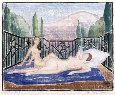 The Sun Bath (farget treblokktrykk) av Ora Inge Maxim