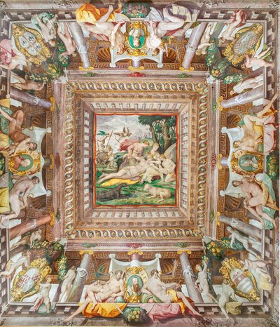 Utsikt over taket i Adonis-rommet og minnesteinene til familiemedlemmene Rossi, Gonzaga, Riario og Medici, Rocca dei Rossi, San Secondo, Parma, Italia av Orazio (attr.to) Samacchini