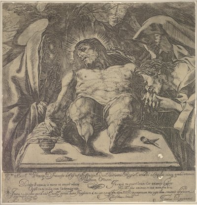 Klagesang over Kristi legeme av de tre Mariane, en krukke med salve på bordet til ..., 1615. av Orazio Borgianni
