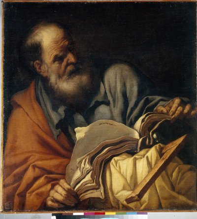 Saint Thomas, apostel. (Apostelen Sankt Thomas). Maleri av Orazio Borgianni (1578-1616), olje på lerret, italiensk kunst (Roma) av Orazio Borgianni