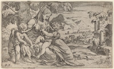 Madonna og barn med døperen Johannes av Orazio Farinati after Paolo Farinati