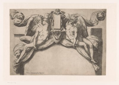 Design for en dørkarm med to genii som holder opp cartouche av Orazio de Santis (attributed to)