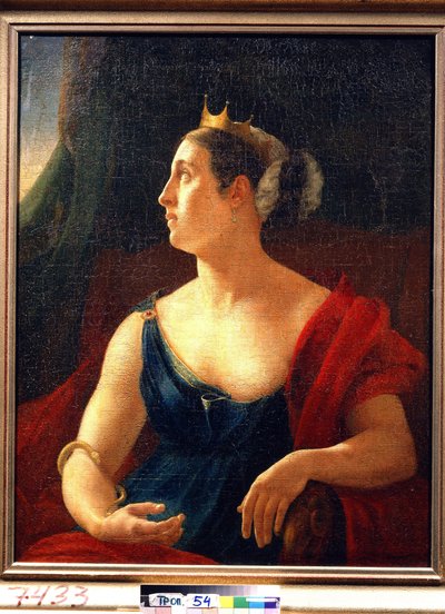 Portrett av skuespillerinnen Ekaterina Semyonova (1786-1849), i rollen som Clytemnestra, for stykket Iphigenia a Aulis av Euripides. (Portrett av skuespillerinnen E. Semyonova, som Clytemnestra i Euripides