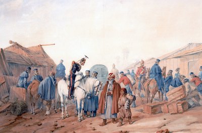 Forsyningsbase til den britiske hæren ved Balaclava (Balaklava) havn - Norie, Orlando (1832-1901) - 1854 - Akvarell på papir - 36,3x52,6 - Privat samling av Orlando Norie