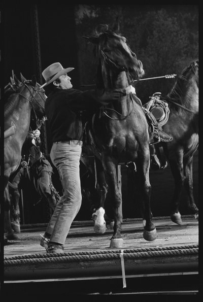 Gregory Peck med hest på settet til "Mackenna