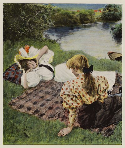 To unge kvinner slapper av på en elvebredd og diskuterer å være forelsket (farge litho) av Oscar Bluhm