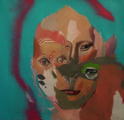 Et mislykket forsøk på å male et portrett, 2020–23 (akryl, olje og spraymaling på lerret) av Oscar Nin