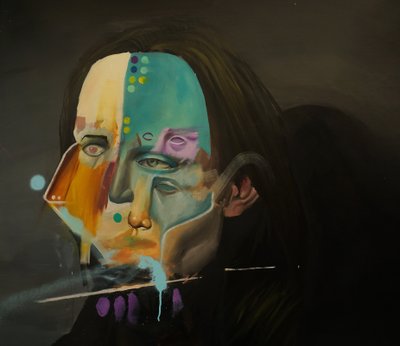 Portrett av en syrinnatt, 2021–23 (olje og spraymaling på lin) av Oscar Nin