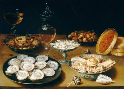 Retter med østers, frukt og vin, ca. 1620-25 (olje på panel) av Osias the Elder Beert