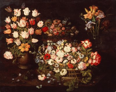 Fire vaser med et utvalg blomster (olje på panel) av Osias the Elder Beert