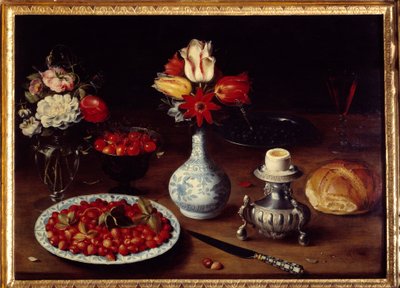 Stilleben med blomstervase Buketter av tulipaner og nelliker med kirsebær, markjordbær, kokt egg (eggekopp) og brød. Maleri av Osias Beert I ou l'Ancien (1570-1624) 1600-tallets søn. 0,52x0,73 m Grenoble, Musee des Beaux Arts av Osias the Elder Beert
