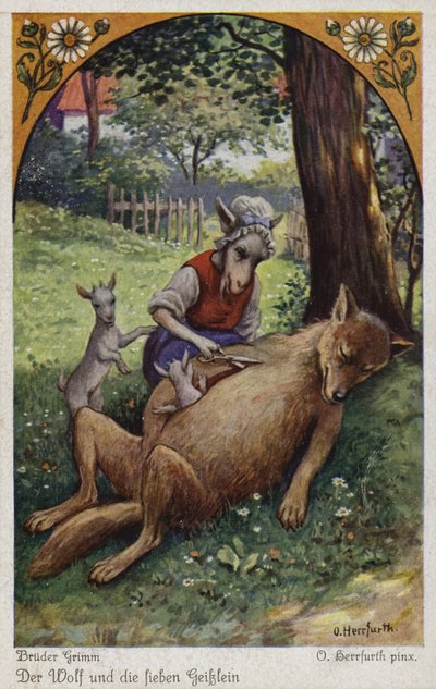 Scene fra Ulven og de syv unge barna, av brødrene Grimm av Oskar Herrfurth