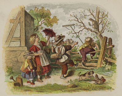 Gruppe barn som leker utendørs (farge litho) av Oskar Pletsch