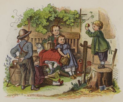 Gruppe barn som leker utendørs (farge litho) av Oskar Pletsch