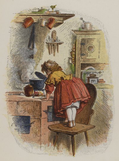 Liten jente ser inn i en kjele på en komfyr (farge litho) av Oskar Pletsch
