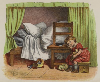Liten jente som sitter ved siden av sengen hennes (farge litho) av Oskar Pletsch