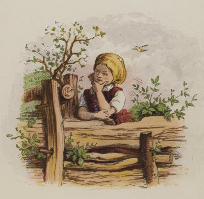 Ettertenksom jente lener seg på et gjerde (farge litho) av Oskar Pletsch
