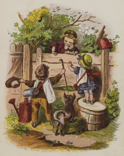 Tre barn prater over et hagegjerde (farge litho) av Oskar Pletsch