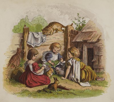 Tre jenter som leker med kjæledyrkaninene sine, overvåket av en katt (farge litho) av Oskar Pletsch