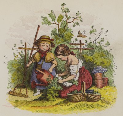 To jenter i hagearbeid (farge litho) av Oskar Pletsch