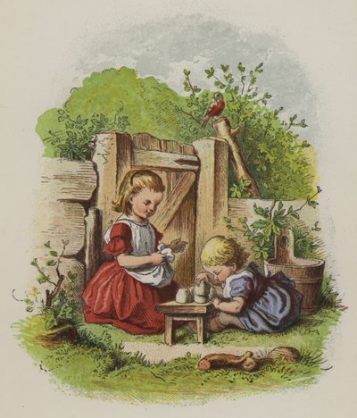 To små jenter leker i en hage (farge litho) av Oskar Pletsch