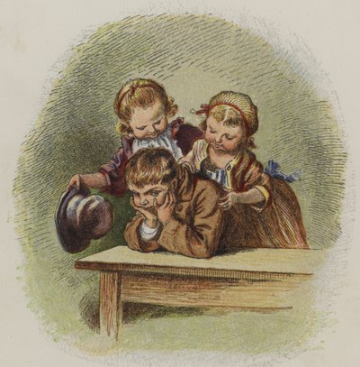 To små jenter prøver å muntre opp en gretten gutt (farge litho) av Oskar Pletsch