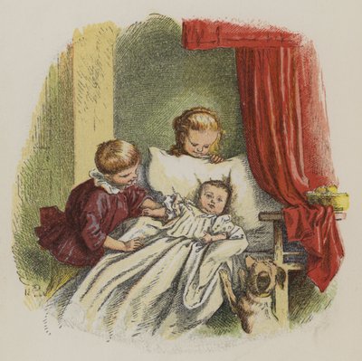 Ung gutt og jente ser på en baby (farge litho) av Oskar Pletsch