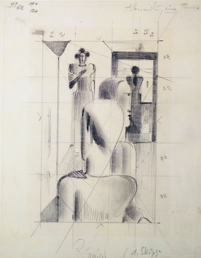Figurer i et rom, av Oskar Schlemmer (1888-1943), blyant på papir. Tyskland, 1900-tallet. av Oskar Schlemmer