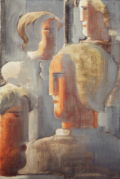 Gruppe på fire hoder gråblå, Folkwang-studie III; Fire gruppe hoder gråblå, Folkwang Studie III av Oskar Schlemmer
