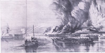 Sevastopols fall og russernes retrett, 8. september 1855, illustrasjon fra British Battles on Land and Sea, 1915 av Oswald Walters Brierly
