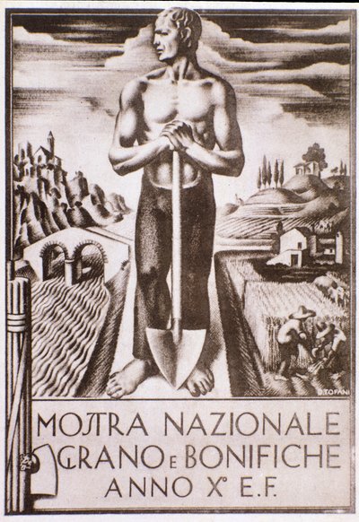 Propagandafascistisk plakat for korn- og jordforbedringskampanje av Oswaldo (after) Tofani