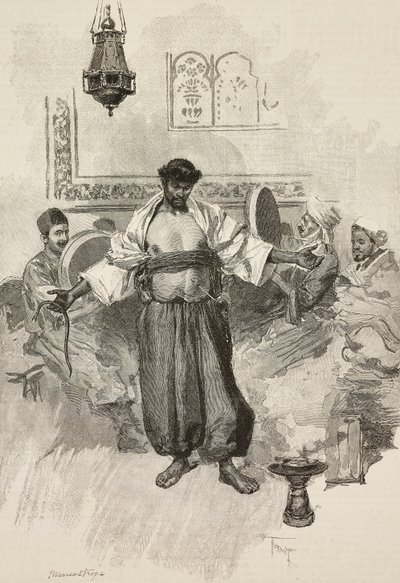 Aissawa-dans, marokkansk religiøst brorskap, ved universell utstilling i 1889, Paris, Frankrike, gravering av E Mancastroppa fra tegning av Osvaldo Tofani fra L'Illustrazione Italiana, år 16, nr. 45, 10. november av Oswaldo Tofani