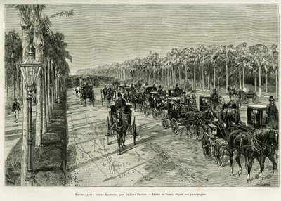 Buenos Aires, Sarmiento Avenue, Three February Park. Gravering av Tofani, for å illustrere historien Voyage a la Plata, i 1886, av Emile Daireaux, i le tour du monde 1888, regissert av Edouard Charton (1807-1890), Hachette, Paris. av Oswaldo Tofani