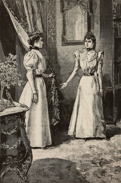 Kan du snakke til meg her som om vi var hjemme hos deg?, fra Minerve d'Or, gravering av M Tofani fra La Mode Illustree av Oswaldo Tofani