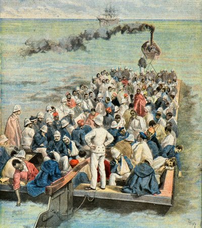 Innskipning på skipets sykehus for de sårede fra Madagaskar-ekspedisjonen i 1896 (gravering) av Oswaldo Tofani