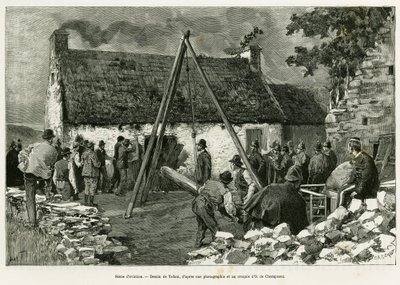 Utkastelsesscene. Gravering av Tofani, for å illustrere historien Three months in Ireland, i 1889, av Marie Anne de Bovet, i le tour du monde 1890, regissert av Edouard Charton (1807-1890), Hachette, Paris. av Oswaldo Tofani