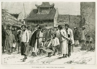 Game of the sapeque. Gravering av Tofani, for å illustrere historien Trente mois au Tonkin, i 1884, av Dr Paul Hocquard, i le tour du monde 1890, under ledelse av Edouard Charton (1807-1890), Hachette, Paris. av Oswaldo Tofani