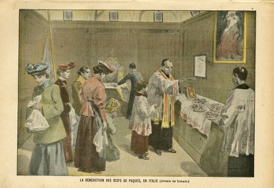 Illustrasjon av Oswaldo Tofani (1849-1915) i Le Pelerin, 03/04/04 - The Benediction of Easter Eggs in Italy - Italia, Religion Tro, påske, katolsk katolisisme - Egg av Oswaldo Tofani
