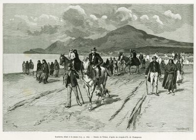 Øyboere skal til messe. Gravering av Tofani, for å illustrere historien Trois mois en Irlande, i 1889, av Marie anne de Bovet, i le tour du monde 1890, regissert av Edouard Charton (1807-1890), Hachette, Paris. av Oswaldo Tofani