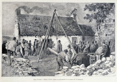 Menn løper gjennom en dør ved hjelp av et magetre for å bortvise beboeren fra boligen. Tegning av Tofani fra en skisse av O. de Champeaux (1800-tallet). av Oswaldo Tofani