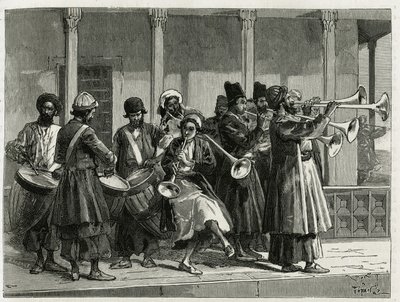 Musikere som hilser soloppgangen i Isfahan (eller Isfahan, Iran by). Gravering av Tofani, for å illustrere historien "" Persia, Chaldee og Susiane"" av Oswaldo Tofani