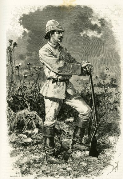 Portrett av Dr. Emile Holub, i en utforskningsdrakt, gravert av Tofani, for å illustrere historien «Au pays des Marutses», i 1875-1879, av Dr. Emile Holub (1847-1902). Publisert i Tour du monde, 2. semester 1883, redigert av Edouard Charton (1807-1890) av Oswaldo Tofani