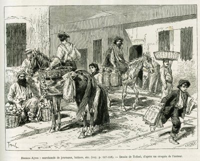Små bedrifter, avisforhandlere, meieri, fruktselgere osv... i gatene i Buenos Aires (Argentina). Gravering av Tofani for å illustrere historien Voyage a la Plata, tre måneders ferie av Emile Blaireaux i 1886, i tour du monde 1887, unde av Oswaldo Tofani