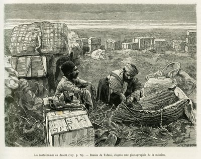 Smugling av arkeologiske utgravninger i den persiske ørkenen. Gravering av Tofani, for å illustrere historien A Suse av Oswaldo Tofani