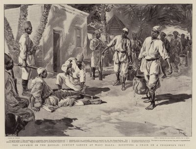 The Advance in the Soudan, straffedømte arbeidere ved Wadi Halfa, nagling av en kjede på en fanges føtter av Oswaldo Tofani