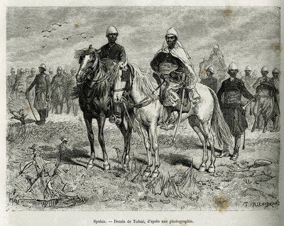 Spahis av ekspedisjonen eskorte. Gravering av Tofani, for å illustrere historien om Exploration in Haut Niger, av kommandør Gallieni, fra Marine Infantry, i 1880-1881, publisert i Tour du monde, under ledelse av Edouard Charton (1807-1890) av Oswaldo Tofani