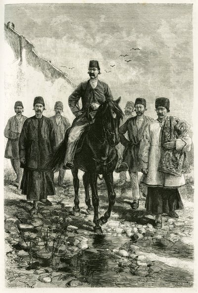 Guvernøren i Kachan (eller Kashan, i Teheran-provinsen, dagens Iran) rir på en svart hest og suiten hans er til fots. Gravering av Tofani, fra et fotografi, for å illustrere historien "" Persia, Chaldee og Susiane"" i 1881-1882, av Jane Dieulafoy (nee Ma av Oswaldo Tofani