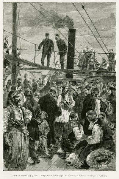 Skipets dekk. Gravering av Tofani for å illustrere historien Voyage en Thessalie i 1882, av Paul Monceaux, i le tour du monde 1887, regissert av Edouard Charton (1807-1890), Hachette, Paris. av Oswaldo Tofani