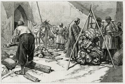 Veiingen av bagasjen før avgang av Delafoy-brudeekspedisjonen. Gravering av Tofani, for å illustrere historien "" Persia, Chaldee og Susiane"" av Oswaldo Tofani